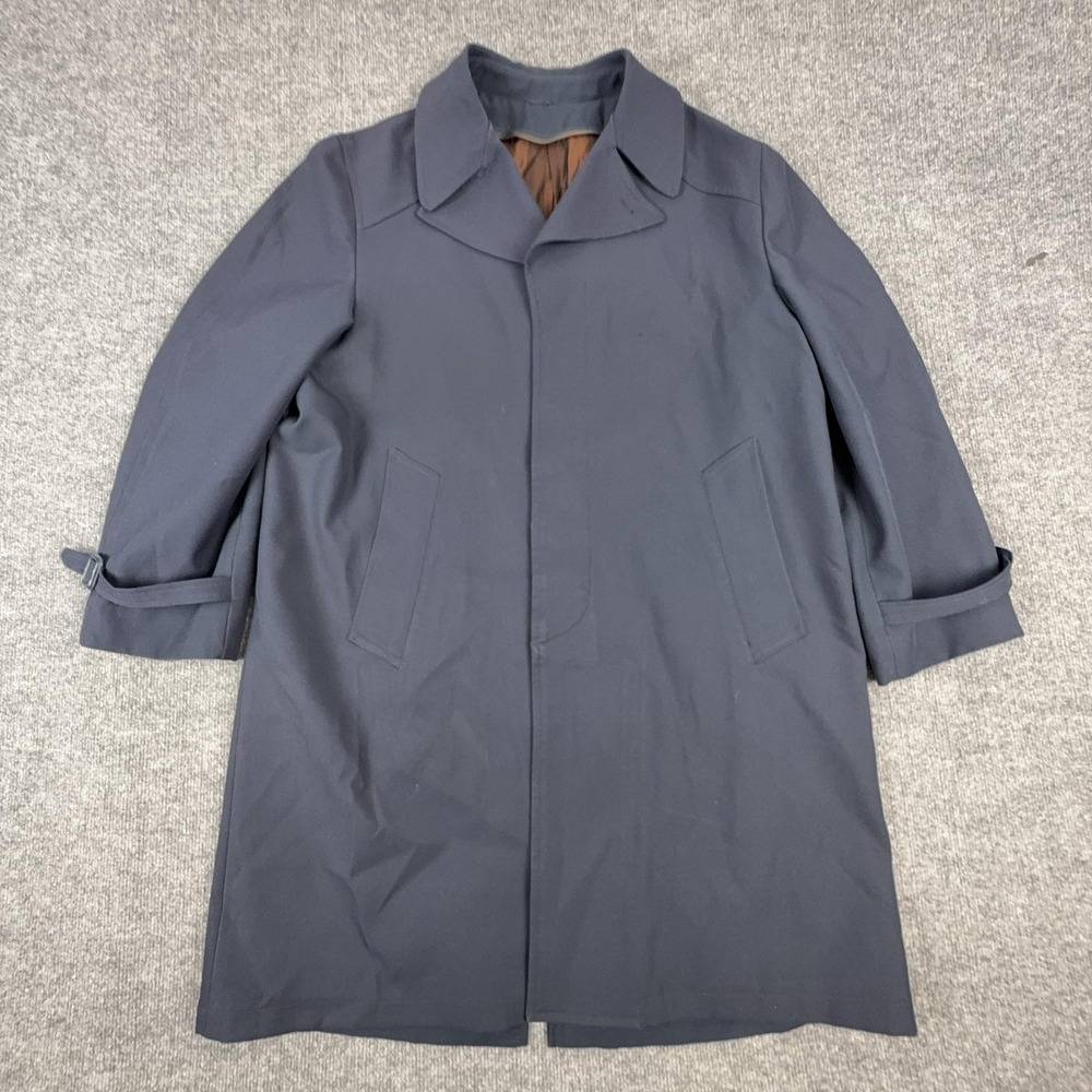 Vintage Barometer Coat Mens 44 Blue Microfiber Lined Overcoat Buckle Cuffs